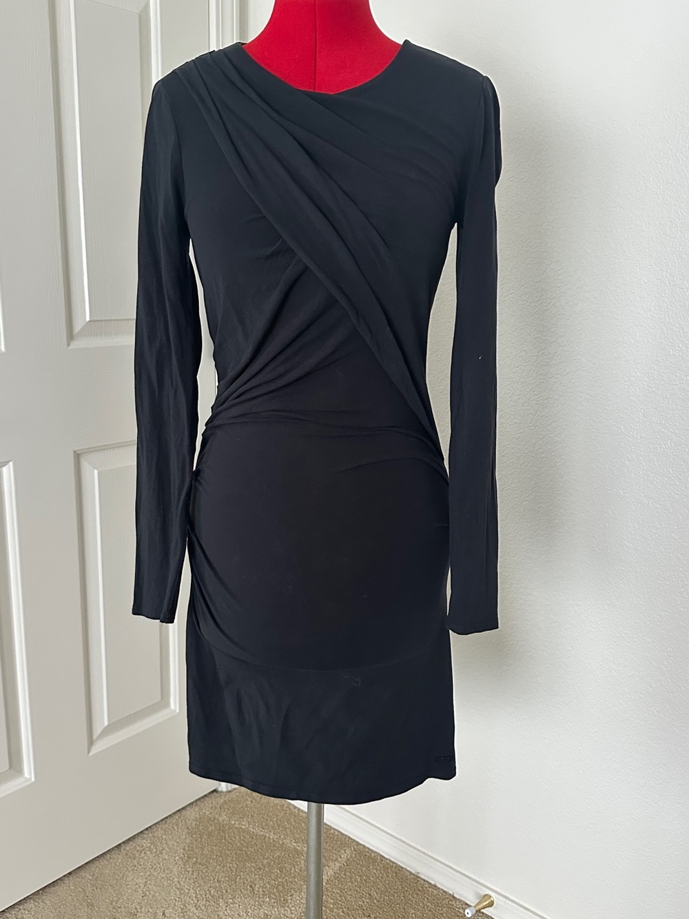 DKNY Black Long-Sleeve Draped Ruched Bodycon Dress